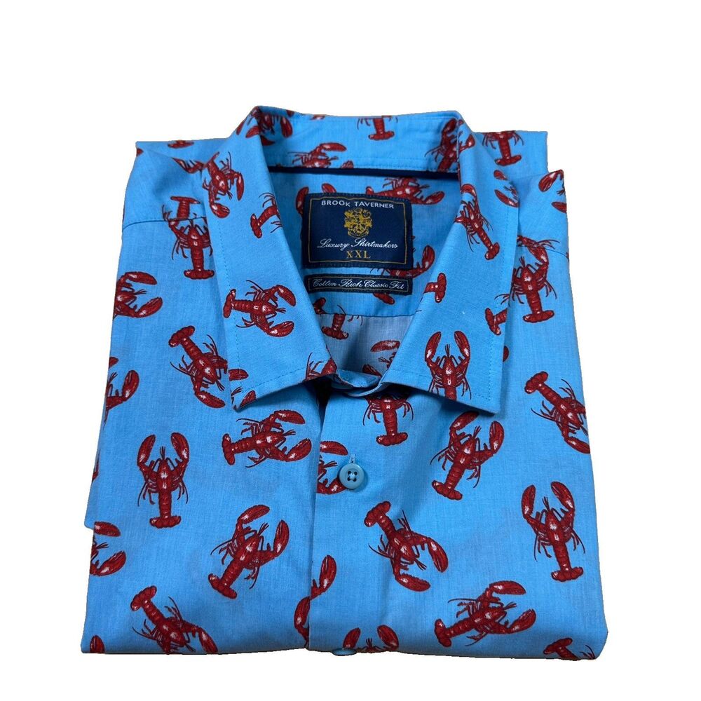 BROOK TAVERNER L/sleeve Shirt Men XXL Blue & Red Lobster Print Coastal Marine